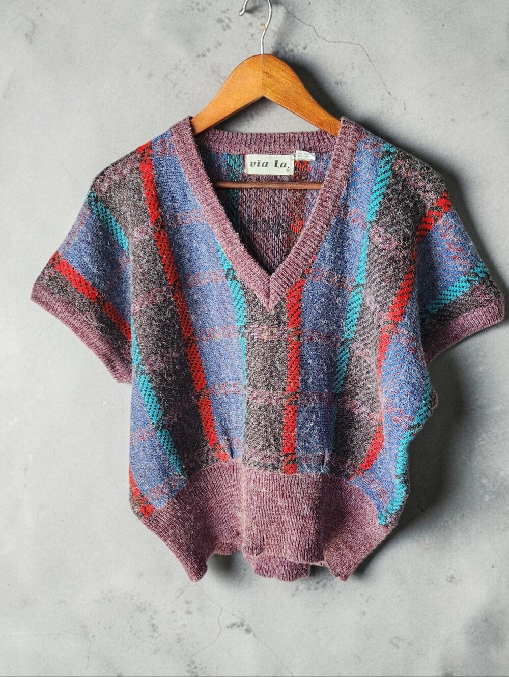 Vintage 80s Via LA Dolman Knit Abstract Sweater M Oversized Cap Sleeve V Neck